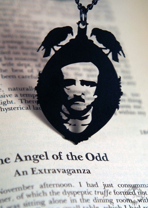 Edgar Allan Poe raven cameo necklace in black stainless steel - gothic horror book author portrait jewelry