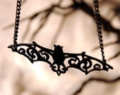 Filigree Bat necklace in black stainless steel - silhouette Victorian gothic vampire bat wings jewelry