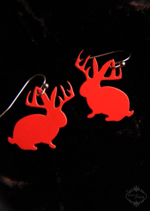 Jackalope silhouette earrings in red finish stainless steel - deer bunny valentine earrings