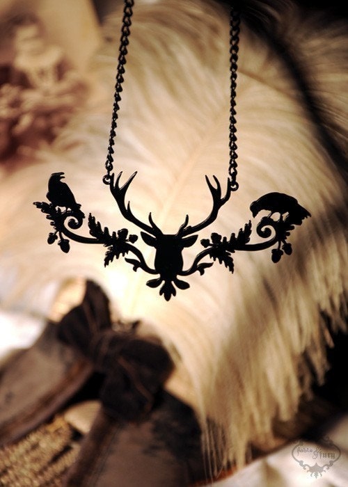 Neo Victorian Woodland Raven Stag necklace in black stainless steel - FREE SHIPPING