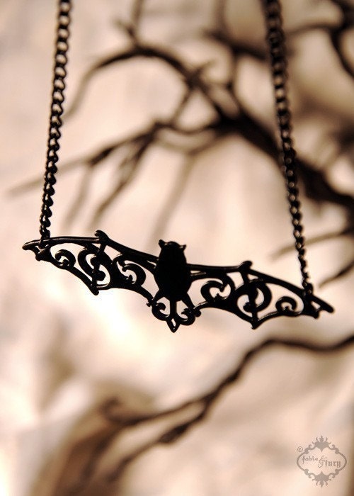 Filigree Bat necklace in black stainless steel - silhouette Victorian gothic vampire bat wings jewelry