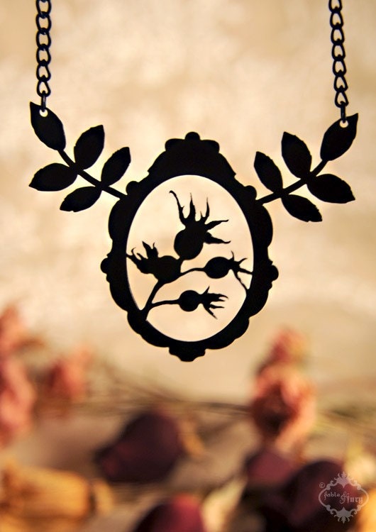 Victorian Framed Rose Hips and Leaves necklace in black stainless steel - silhouette statement flower jewelry