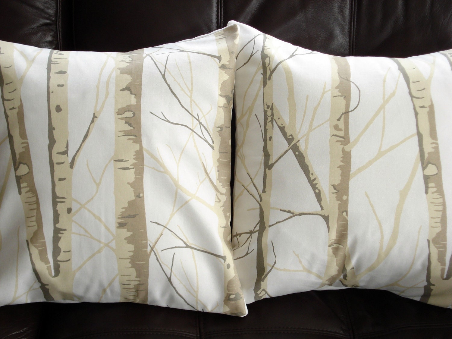 Throw pillows Silver birch trees Cushion covers cases designer fabric cream beige brown Two 18 x 18 inch
