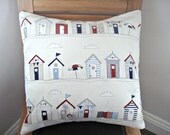 Throw pillow beach huts seaside nautical red white blue Cushion cover case sham  One 18 x 18 Home decor