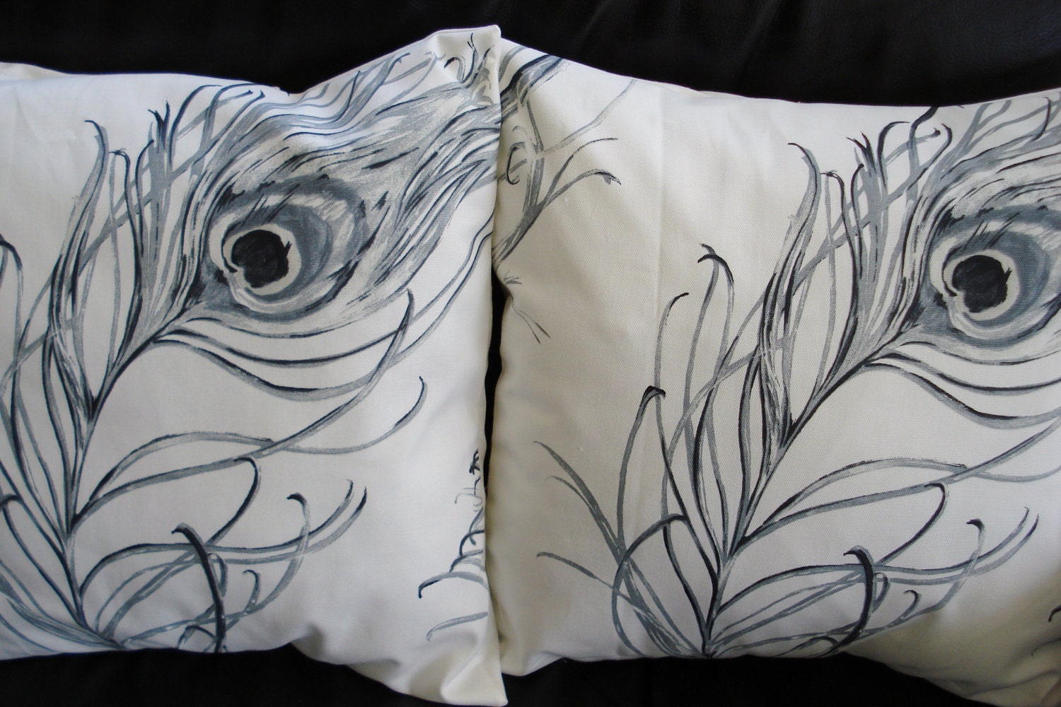 Throw pillow covers black grey gray graphite peacock feather design cushion shams UK designer fabric covers two 18 x 18 inch handmade