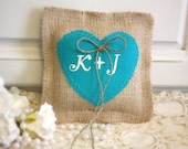 Burlap pillow with Tiffany blue fabric heart,personalized