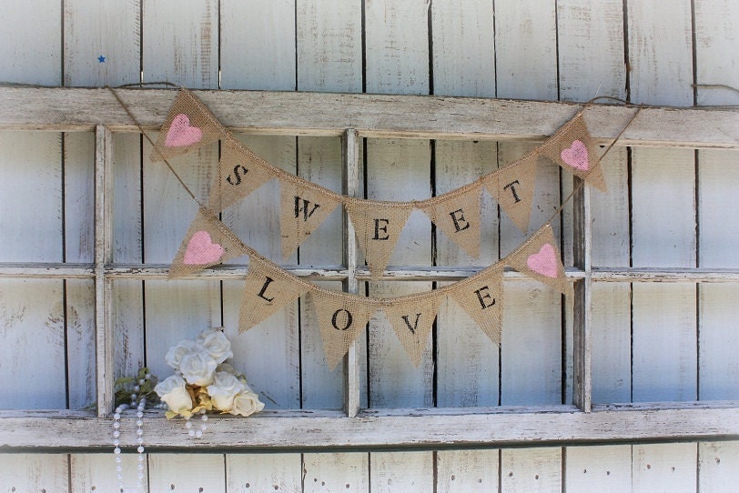 SWEET LOVE mini banner or cake topper with pink hearts