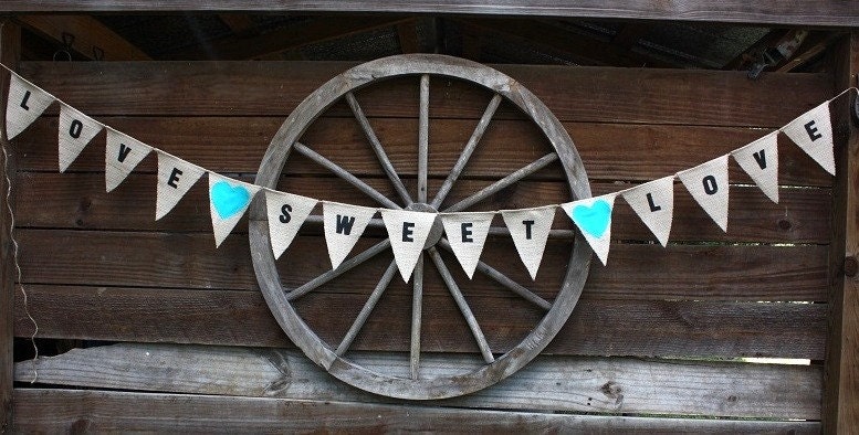 Love sweet love burlap banner with tiffany blue hearts
