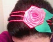 Hand Crochet 3 strands headband with Red Rose and leaves / Versatile piece / Necklace / Bracelet / Three Strands Hair band with Beaded Rose
