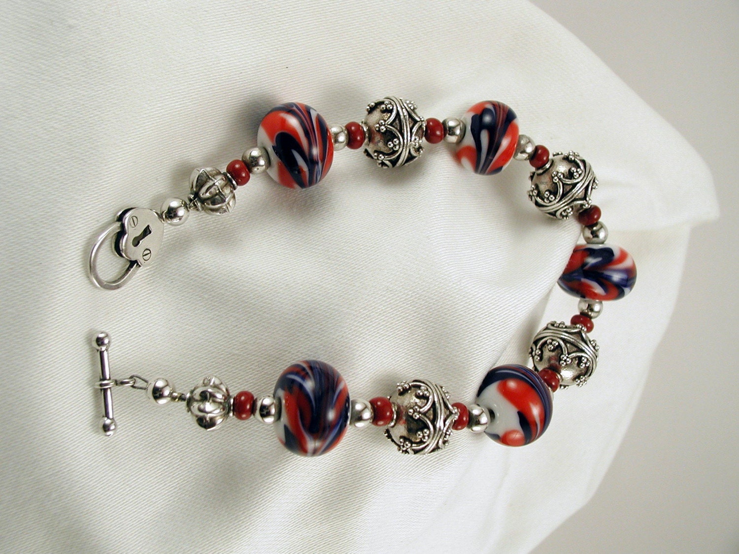Red, White and Blue Bleeding Hearts Lampwork Glass Bracelet