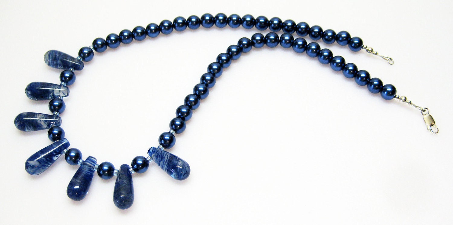 Navy Blue Necklace - Blueberry Quartz - Navy Blue Glass Pearls - Blue