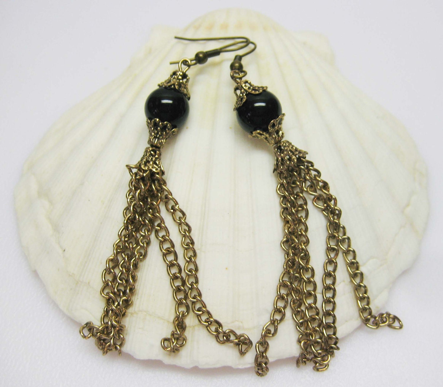 Long Vintage Inspired Brass Chain Dangle Earrings - Black Gemstone- Metal