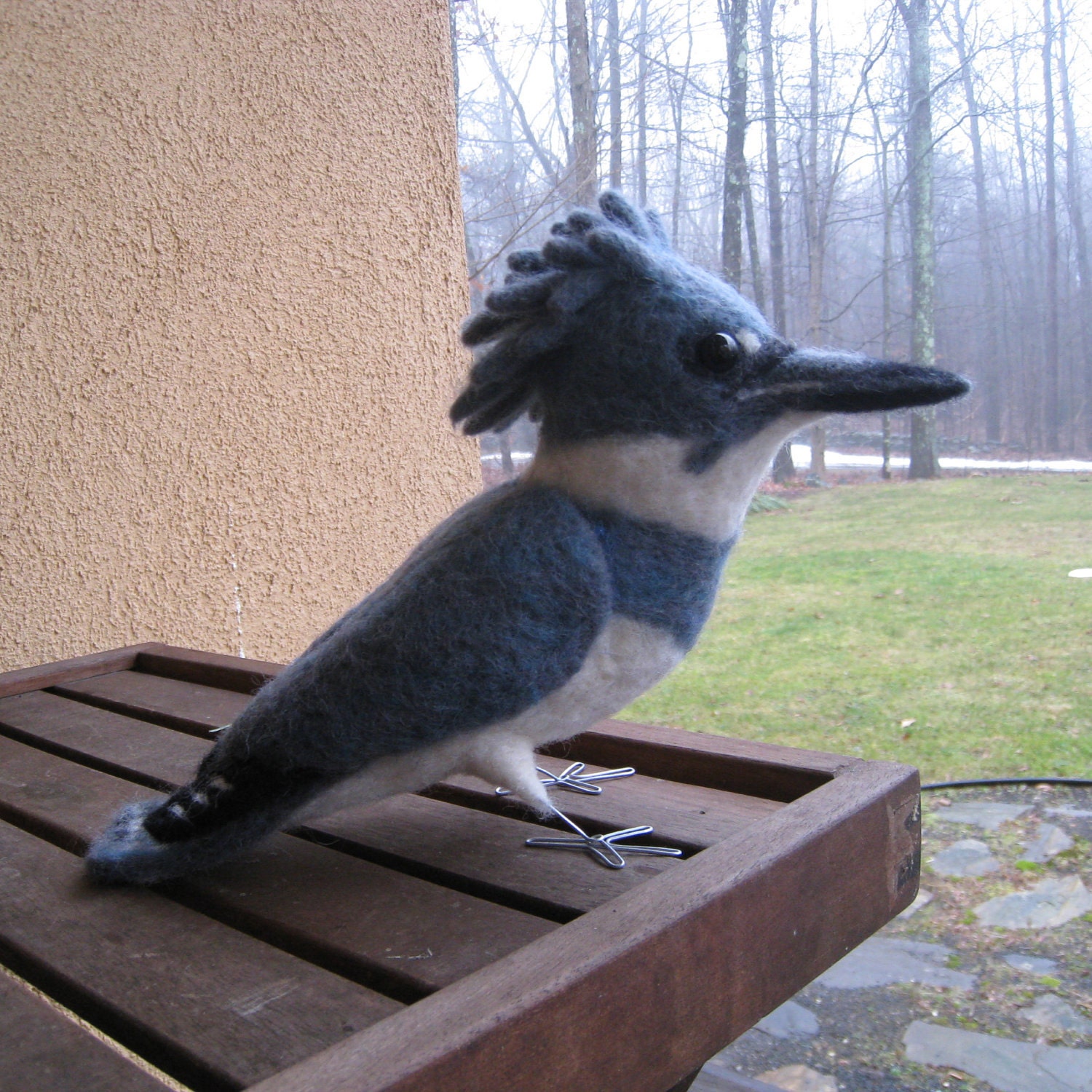 Mr. Belted Kingfisher, needle felted fiber art bird sculpture