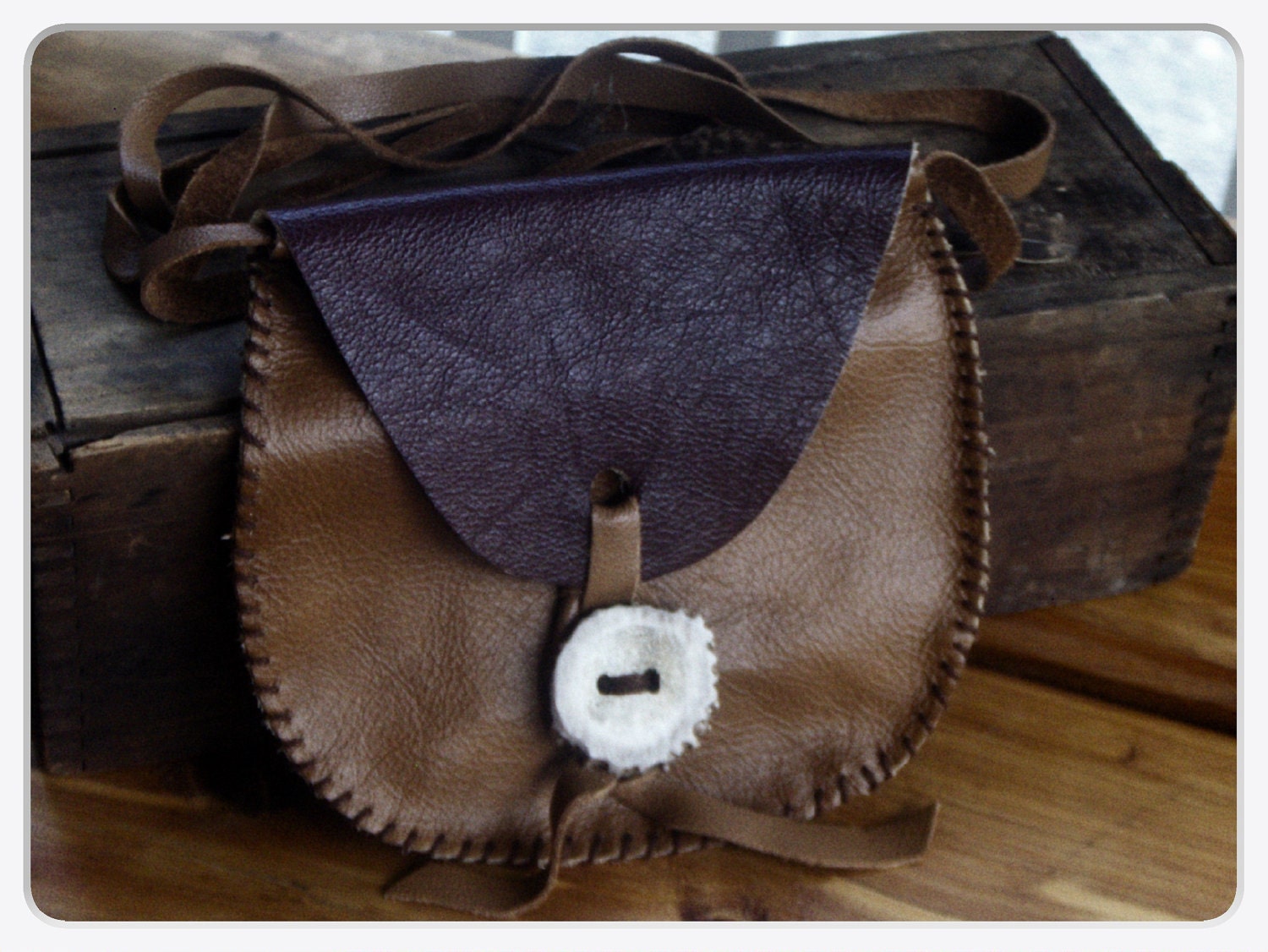 Dyani Talutah. Burgundy Red & Toffee Brown Leather Medicine purse, Deer Antler Toggle, tan buckskin strap. Handmade By Gray Wolf's Mother