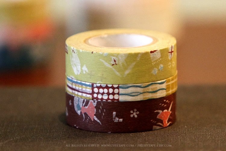 CAT and GIRL wiggly ReMix Japanese Washi Tape set of 3 BROWN