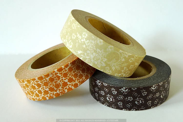 Washi Tape BROWN Floral Print Set of 3 Tan Rose, Amber Masking Tape from PrettyTape