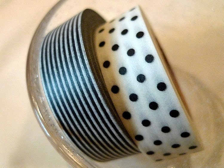 Black and White stripe dots Modern Japanese Masking Washi Tapes Set of 2 - from PrettyTape