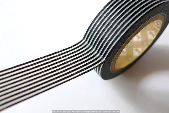 Japanese BLACK Stripes Washi Tape - Black and White Horizontal Lines 15mm MT - PrettyTape