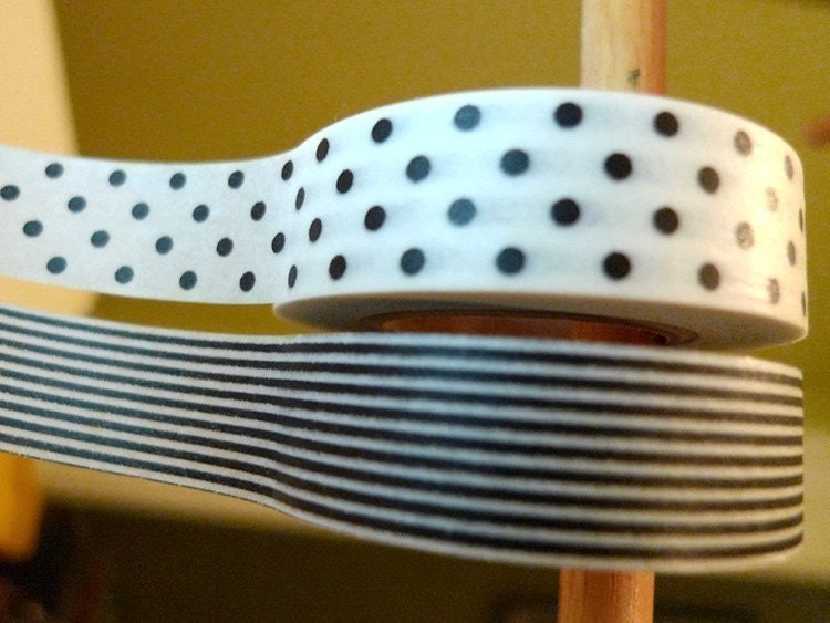Black and White stripe dots Modern Japanese Masking Washi Tapes Set of 2 - from PrettyTape