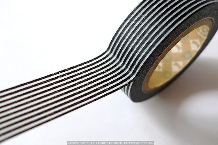Japanese BLACK Stripes Washi Tape - Black and White Horizontal Lines 15mm MT - PrettyTape