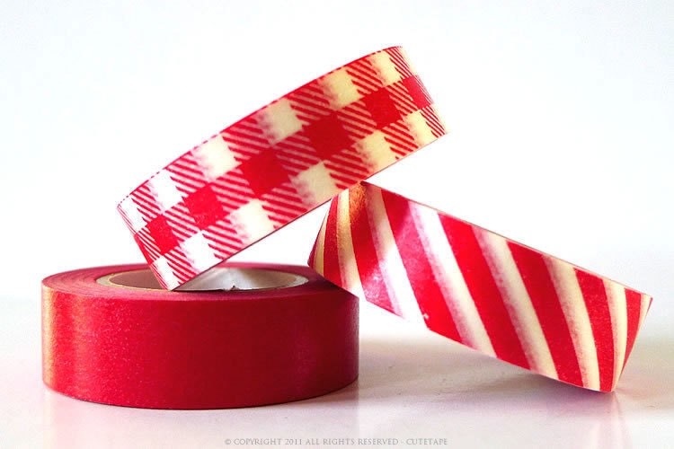 Red Gingham Stripe and Solid Japanese Washi Tape Set of 3 for holiday packaging, scrapbooking