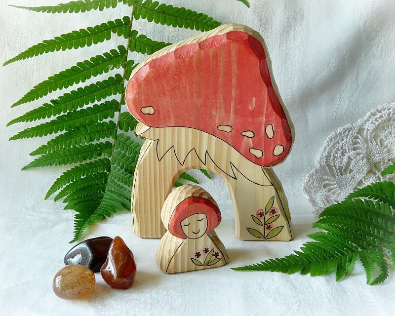 Fly Agaric MUSHROOM HOUSE  and gnome - waldorf wooden toy for nature table