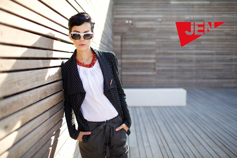 Red label in Black and white  wrap sweater jacket elegant and cozy with camel pin