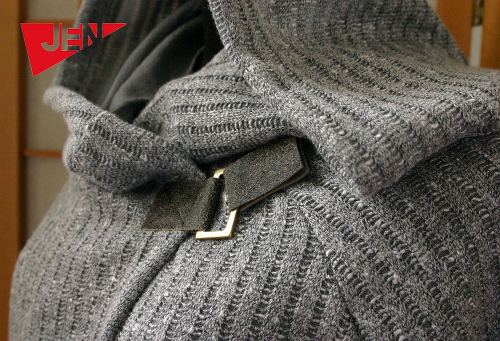 Grey stripes warm  hood sweater with dark grey leather claps