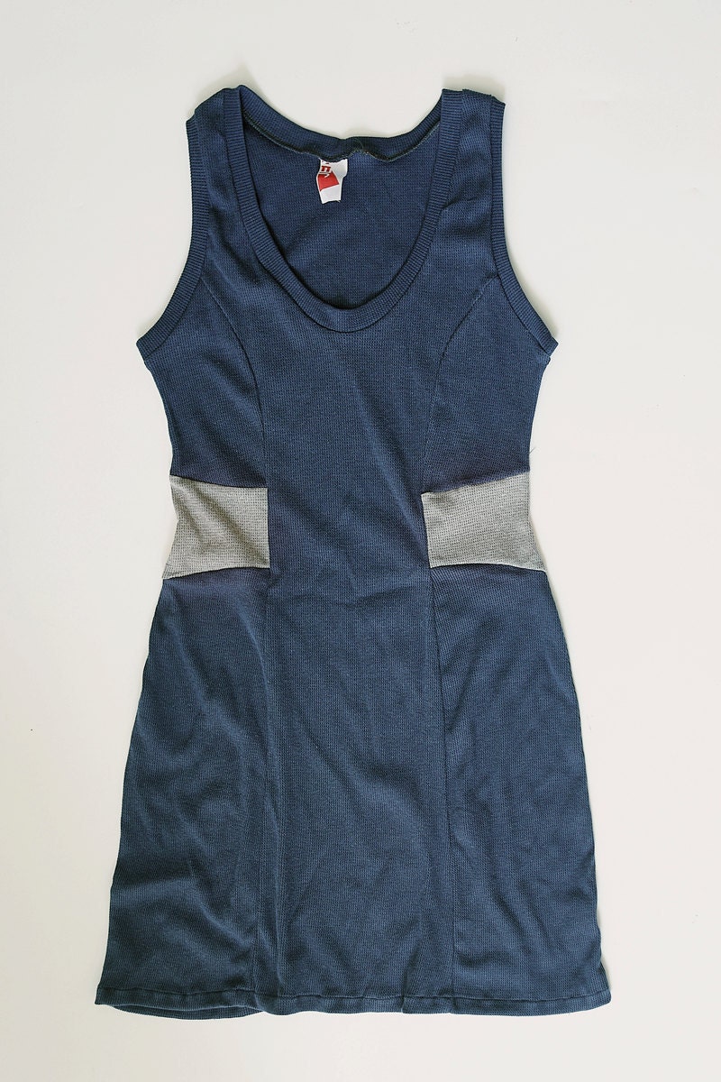 Dark blue pique jersey dress with light grey block in waist  part