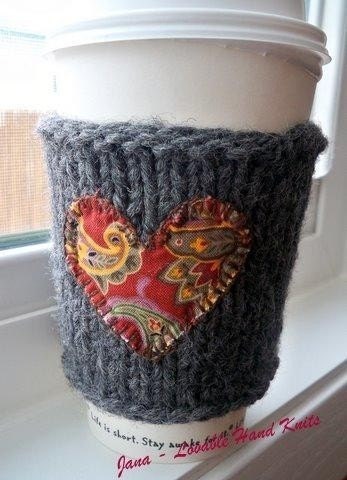 I love my coffee / knitted coffee cup cozy / wrist warmer in grey color
