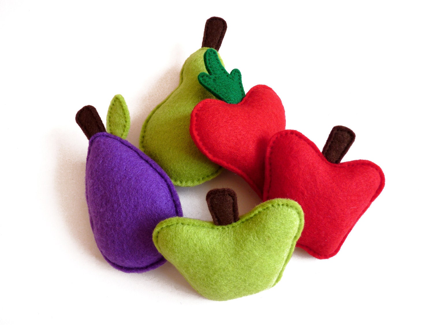 SALE - Felt Fruit Play Set - Plush Pretend Toy Play Food for Children (Set of 5) Two Apples, Pear, Plum, Strawberry