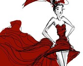 RED DRESS BALL-Fashion illustration 8x10 digital print hand drawn by Jacque Pierro