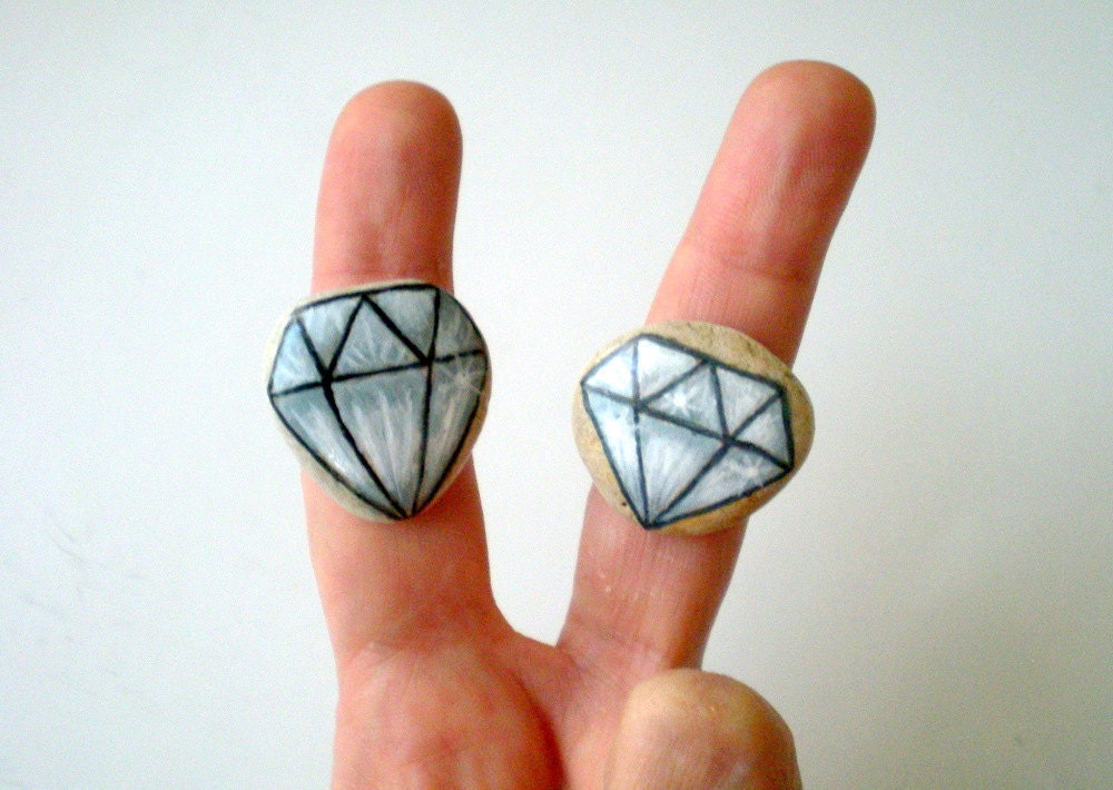 Stone Jewelry Diamond Ring, Hand Painted  Whimsy Art  Ring - Adjustable, geometric triangle gift under 25