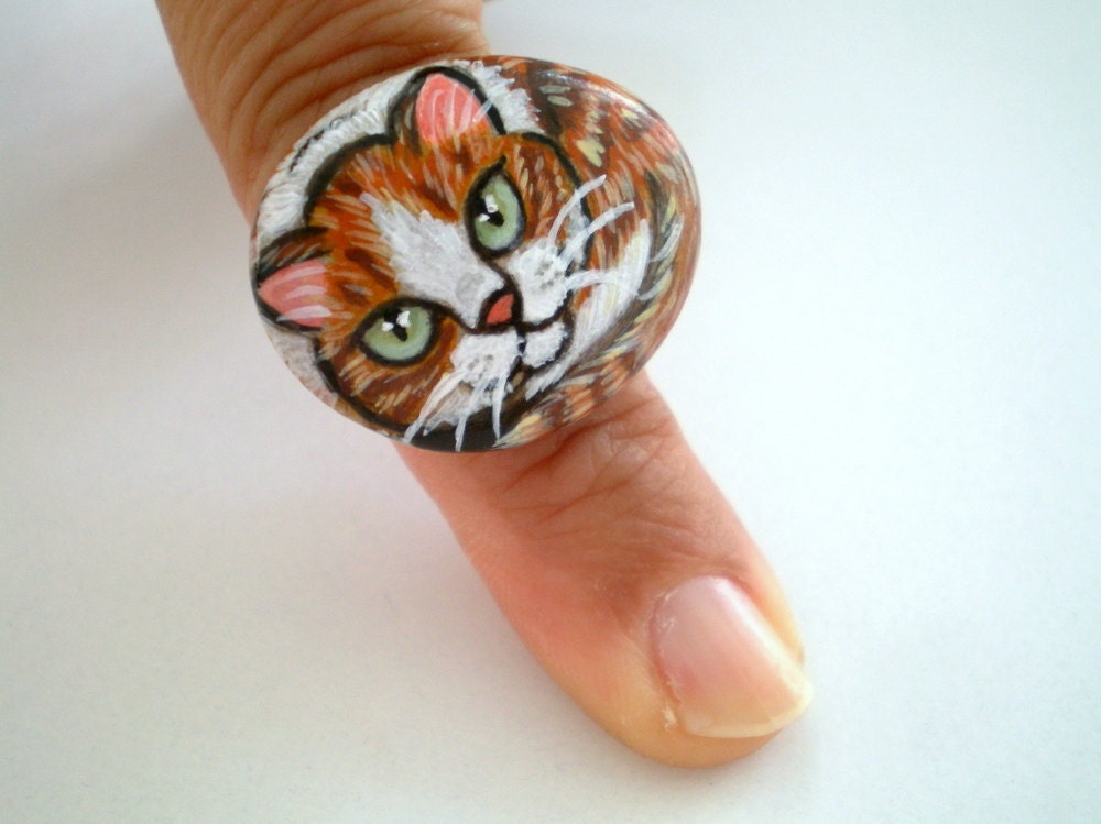 Yellow  Cat  Ring, Painted   Stone - Adjustable, original wearable art, gift for pet lovers, gift under 50
