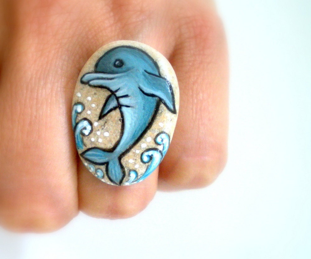 Blue Dolphin Ring, Painted  Stone Art Jewelry , beach stone art