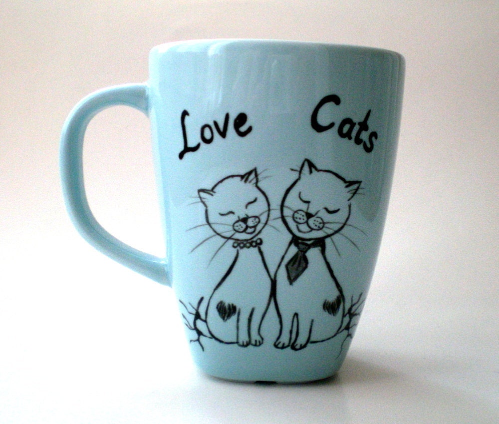 Blue Mug, Hand Paint Love Cats ,  gift for cat lovers,  pet lovers, unisex gift under 25