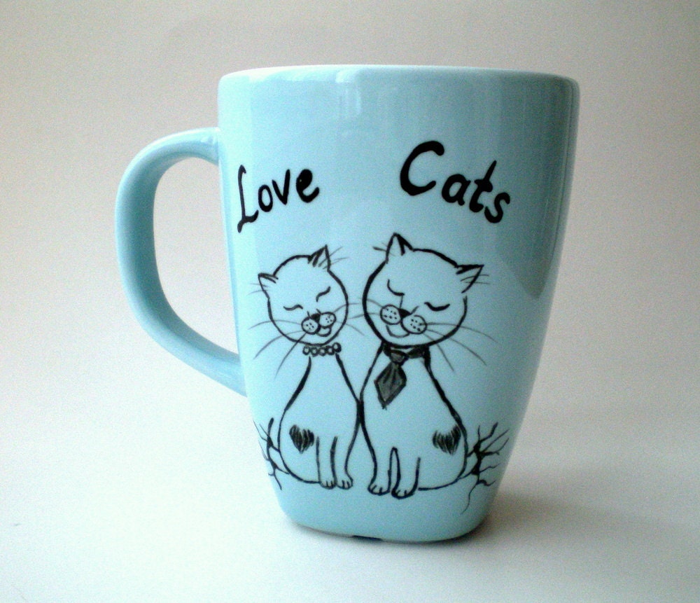 Blue Mug, Hand Paint Love Cats ,  gift for cat lovers,  pet lovers, unisex gift under 25