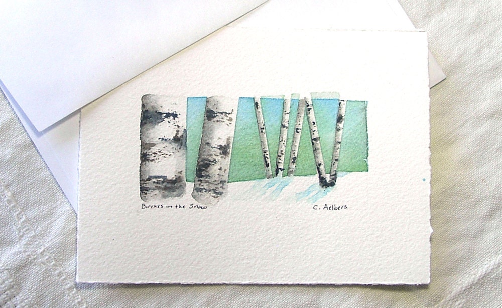 Handpainted Winter Scene Birch Tree Watercolor Painting Art Card