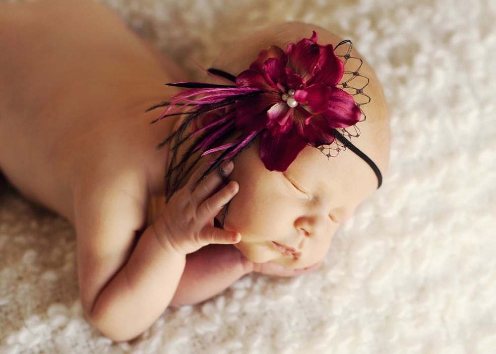 Couture Pink Flower Headband with Feathers Pearl Veiling for Newborns Infants Girls Adults