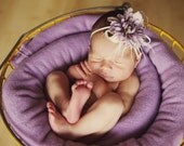 Couture Purple Flower Headband with Feathers Pearl Veiling for Newborns Infants Girls Adults