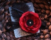 Vintage Couture Flapper Headband Red Flower Feathers Veiling Rhinestone on Lace Headband ALL sizes available