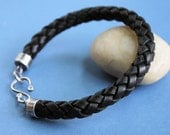 Black Leather Bracelet Mens Thick Cord Braid, Sterling Silver Clasp