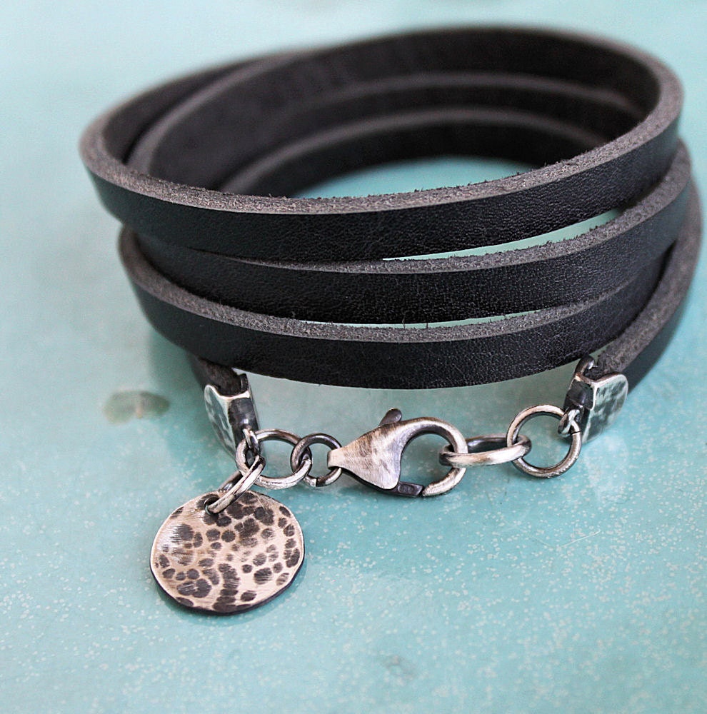 Leather Wrap Bracelet Black with Sterling Silver Charm Custom Sized