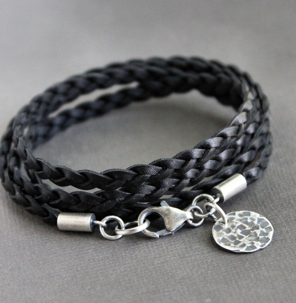 Leather Wrap Bracelet Black Flat Braid Sterling Silver Charm