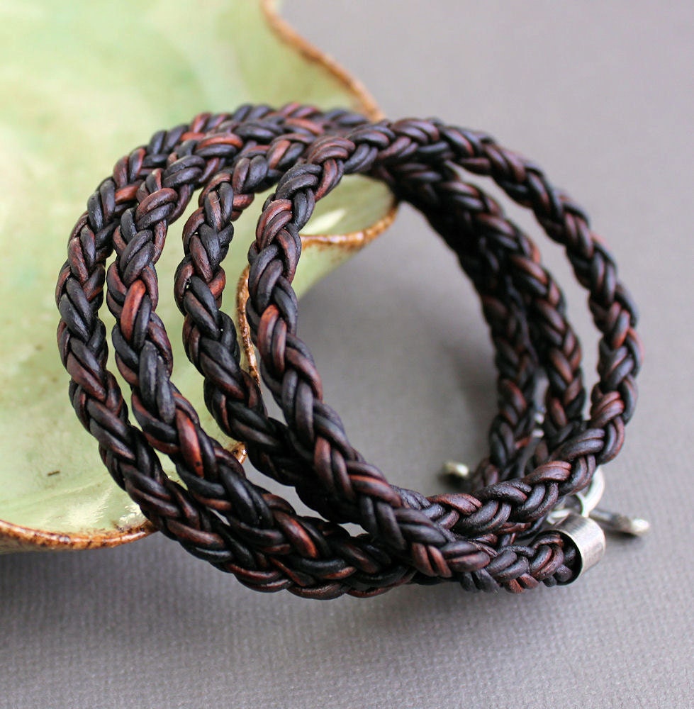 Leather Wrap Bracelet Brown Braid Silver Rustic Toggle Clasp