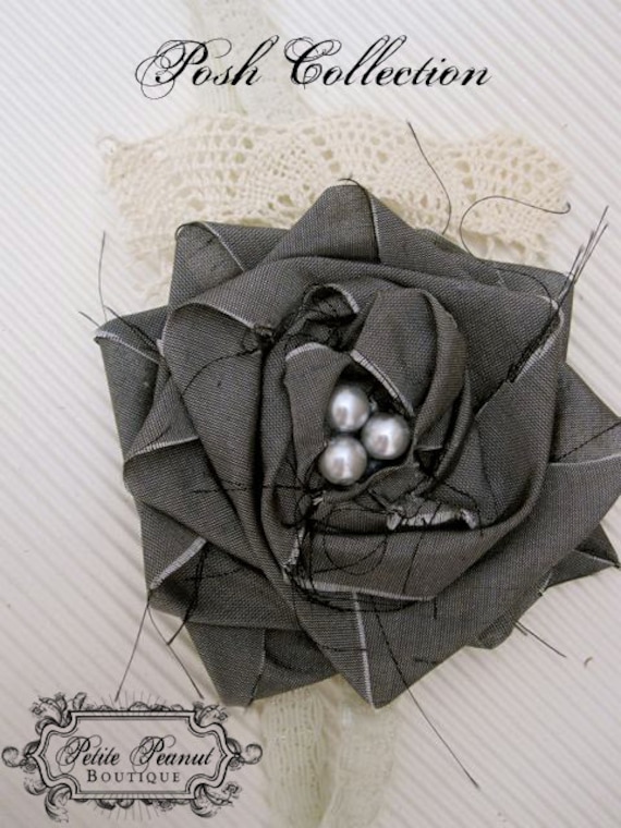 POSH Couture Silk and Lace Fabric Flower Rosette headband - Gray Beige Cream Ivory - (Custom Order) - Photography Prop - Wedding