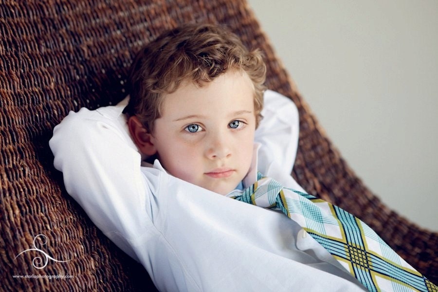 Little Guy Necktie Tie - Plaid - Teal Turquoise Navy White Lime Green - (12m - 2T) - Baby Boy Toddler - Custom Order