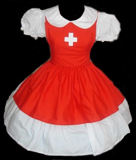 Cute Nurse  Dress and Apron Halloween Costume Red and White Custom Size Plus Size