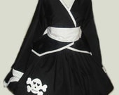 Gothic Lolita Kimono Jacket Skirt with Skull Applique and Obi Sash with Bow Black White Custom Size Plus Size