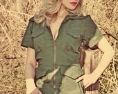 Retro Military Pin up  Army Green Wiggle Minidress Mini Dress Low Neckline Cargo Pockets Custom Size Made to Measure Plus Size